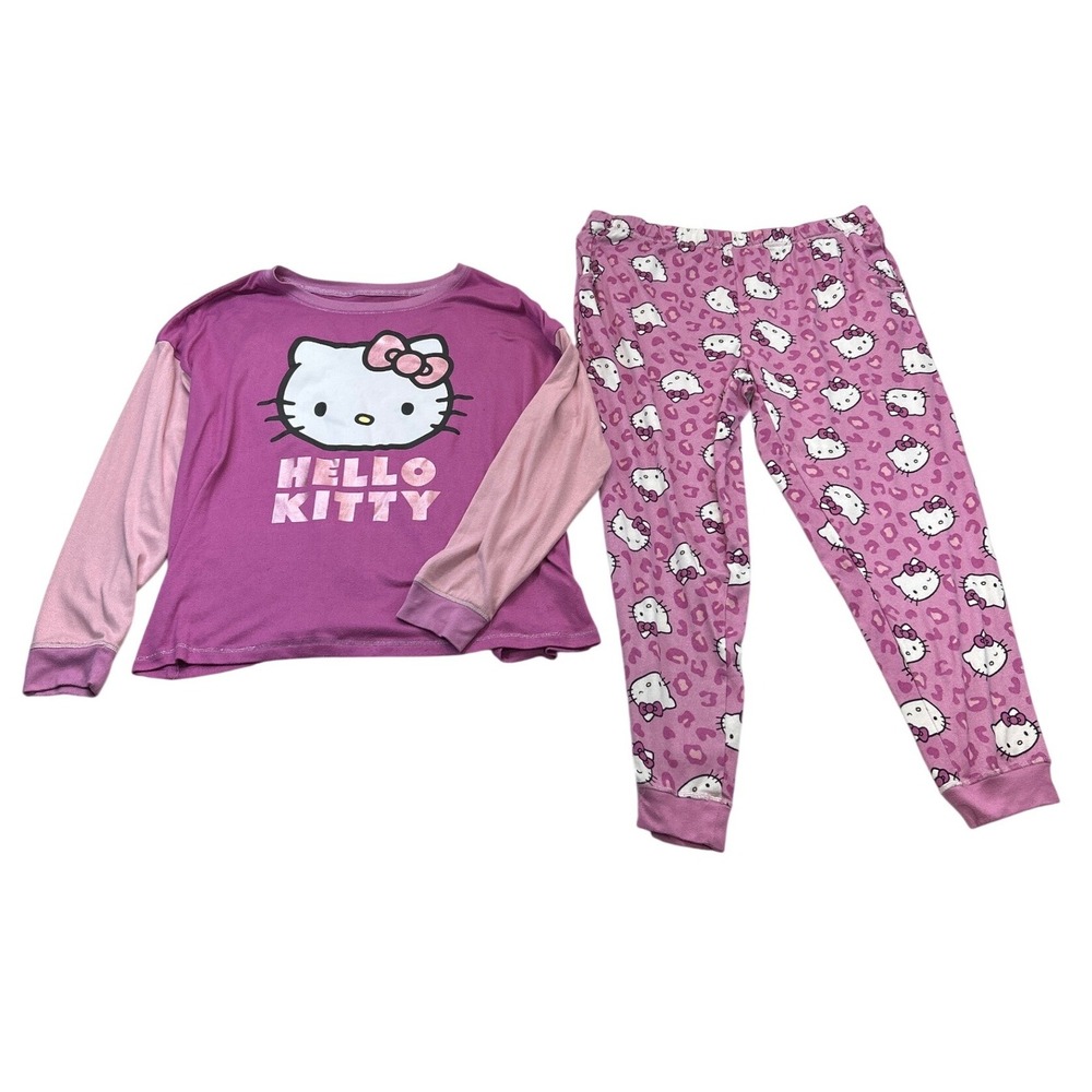 Hello Kitty Pajama Set Women XL Purple Pink Leopard Print Long Sleeve Jogger‎